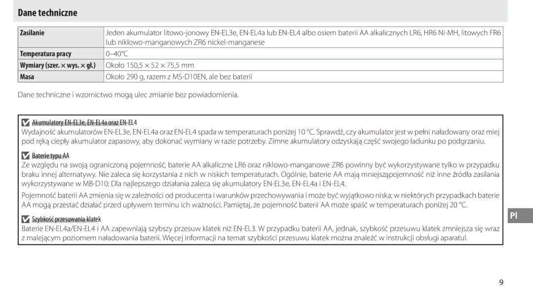 Nikon MB-D10 user manual Dane techniczne, Zasilanie, Temperatura pracy, Masa 