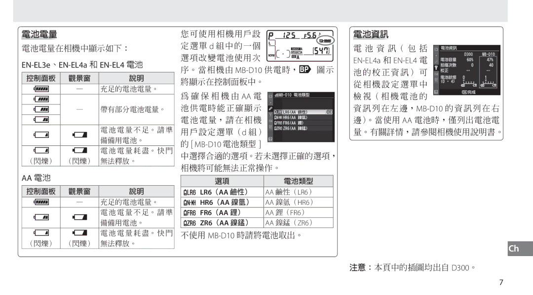 Nikon user manual EN-EL3e EN-EL4a EN-EL4, MB-D10  \MB-D10, MB-D10 EN-EL4a EN-EL4 D300 