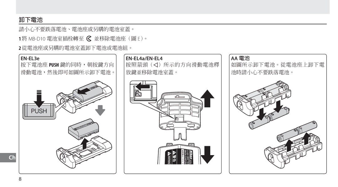 Nikon MB-D10 user manual   EN-EL3e EN-EL4a/EN-EL4 