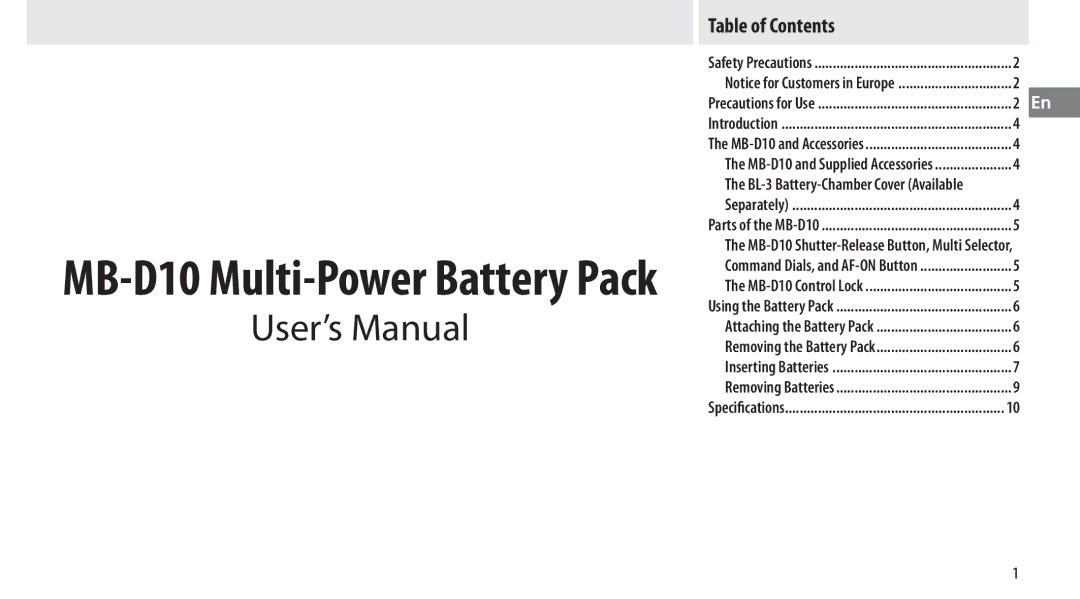 Nikon MB-D10 user manual User’s Manual, Table of Contents 