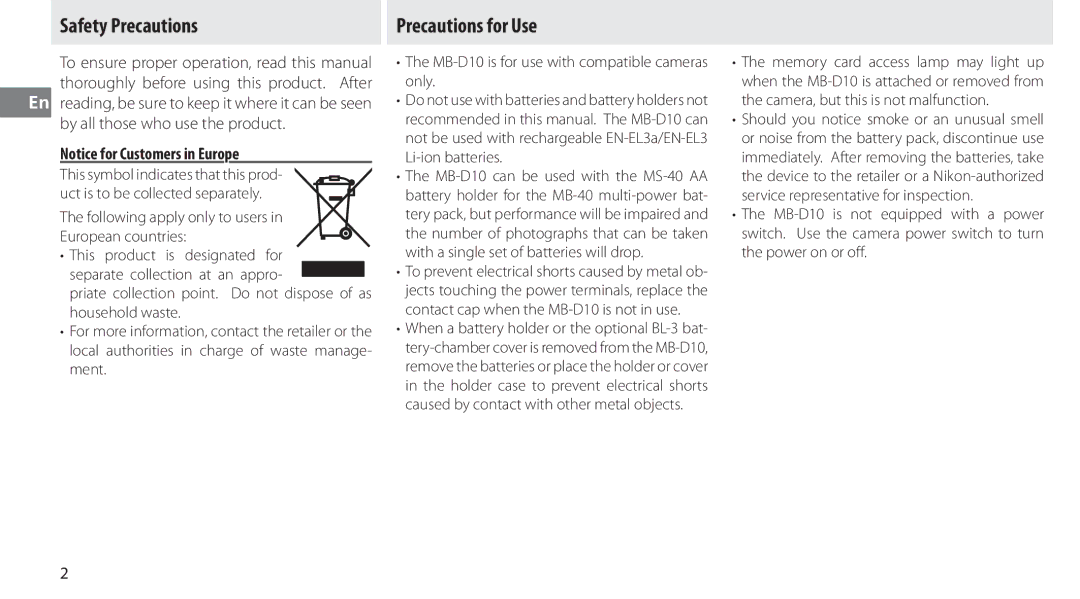 Nikon MB-D10 user manual Safety Precautions, Precautions for Use, By all those who use the product 