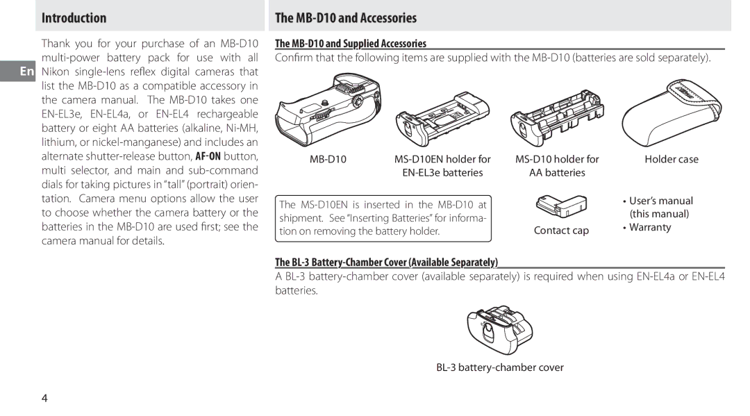 Nikon user manual Introduction, MB-D10 and Accessories, Camera manual for details, MB-D10 and Supplied Accessories 