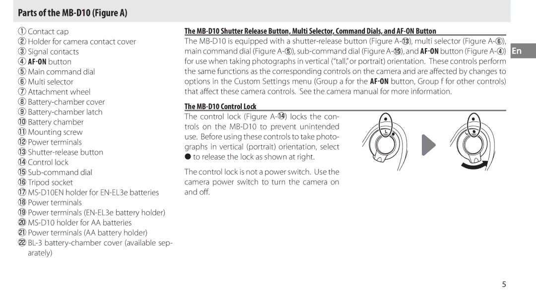 Nikon user manual Parts of the MB-D10 Figure a, AFON button, MB-D10 Control Lock 