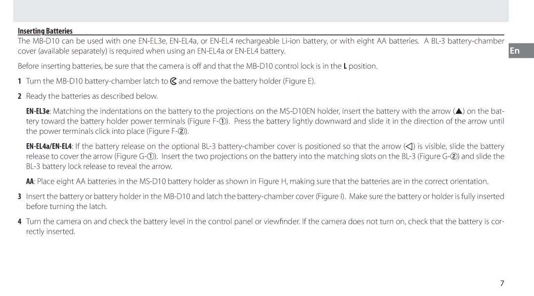 Nikon MB-D10 user manual Inserting Batteries 