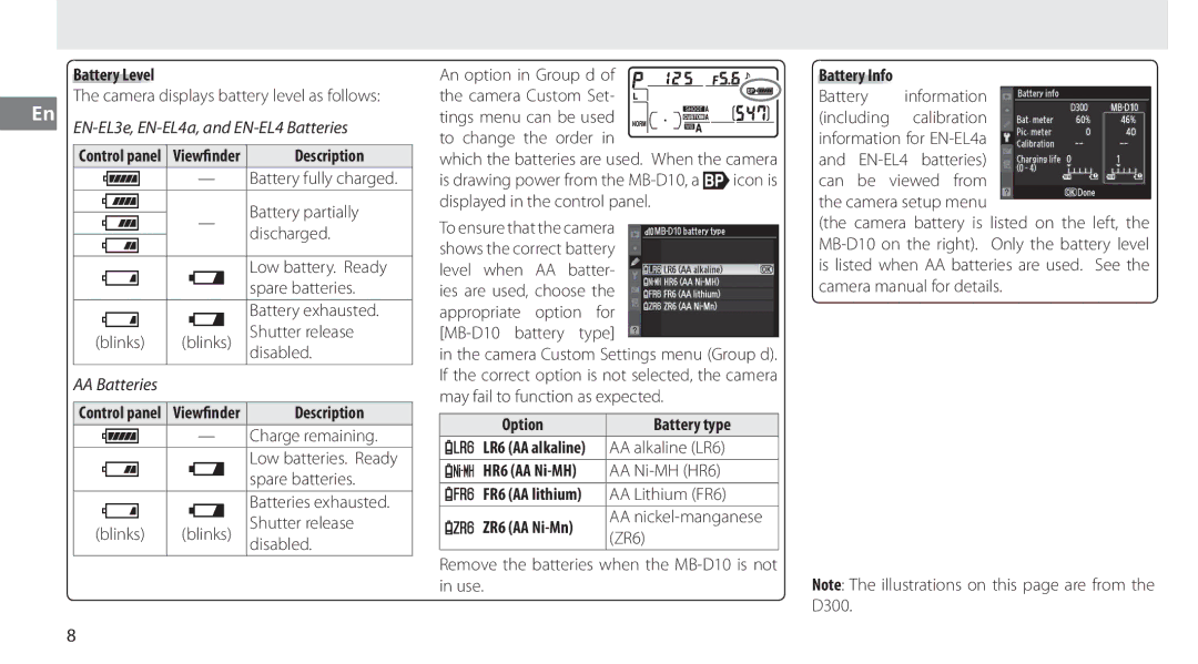 Nikon MB-D10 user manual Battery Level, Description, Battery type, ZR6 AA Ni-Mn, Battery Info 