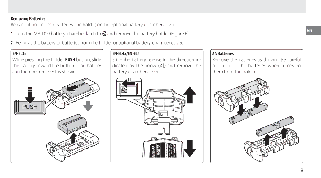 Nikon MB-D10 user manual Removing Batteries, EN-EL3e, EN-EL4a/EN-EL4, AA Batteries 