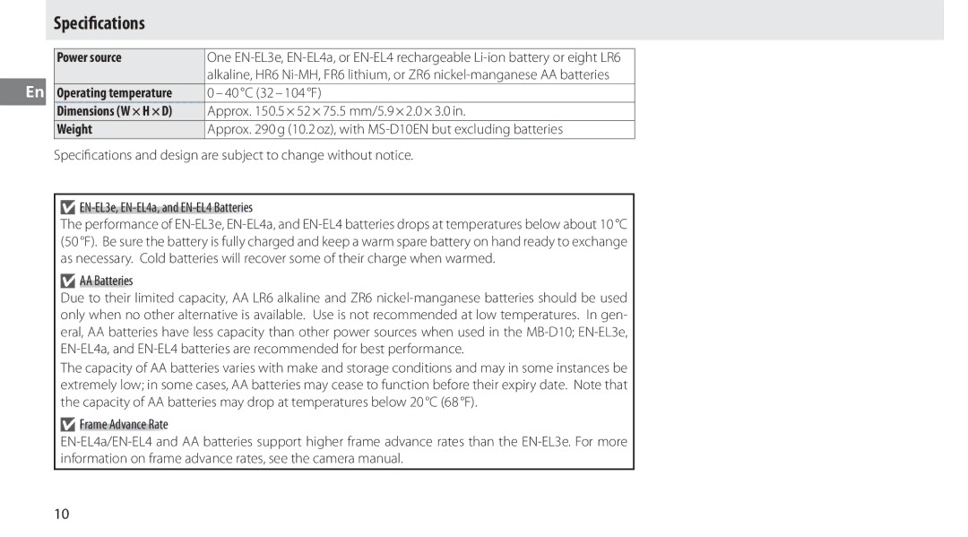 Nikon MB-D10 user manual Speciﬁcations, Power source, Weight 