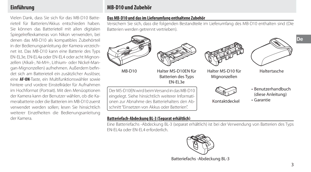 Nikon user manual Einführung, MB-D10 und Zubehör, Das MB-D10 und das im Lieferumfang enthaltene Zubehör 