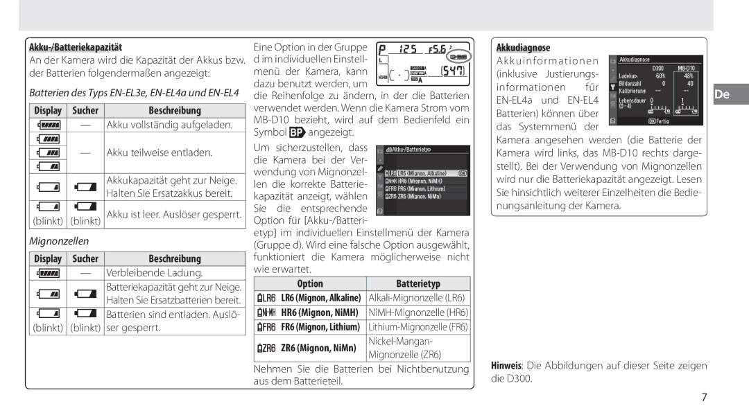 Nikon MB-D10 Akku-/Batteriekapazität, Beschreibung, Akku teilweise entladen, Verbleibende Ladung, OptionBatterietyp 