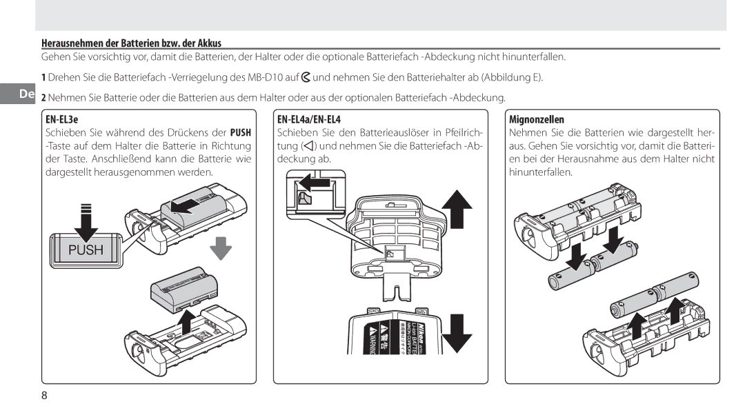 Nikon MB-D10 user manual Herausnehmen der Batterien bzw. der Akkus, Mignonzellen 