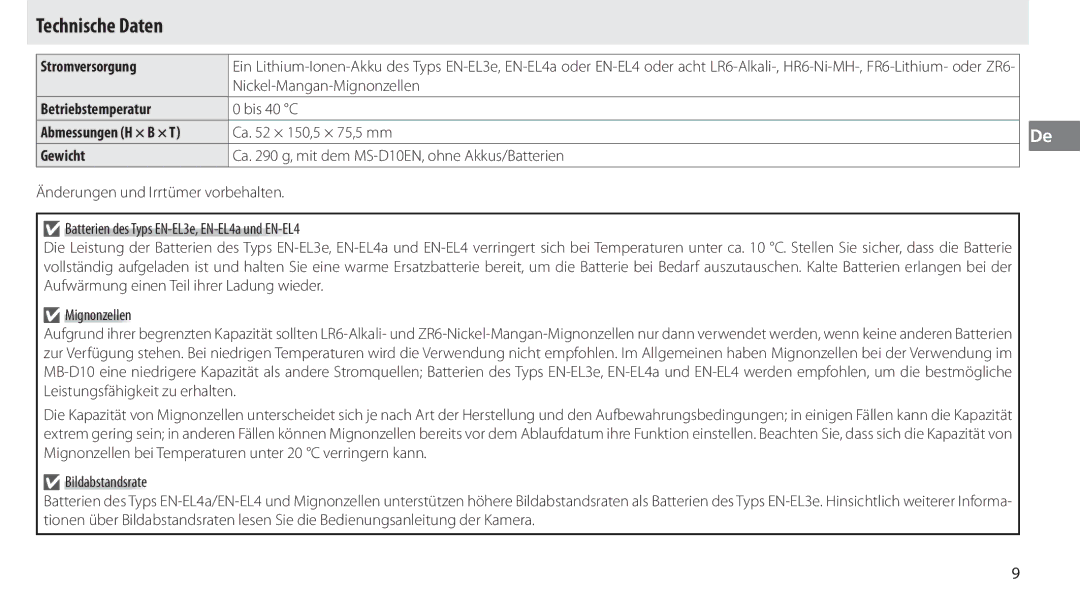 Nikon MB-D10 user manual Technische Daten, Stromversorgung, Betriebstemperatur, Gewicht 