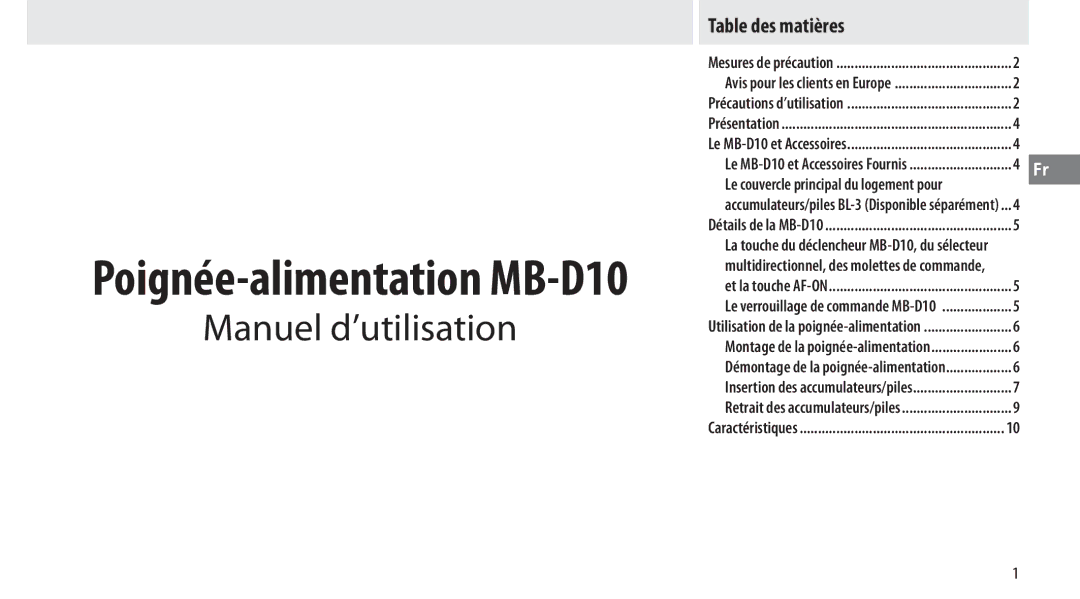 Nikon MB-D10 user manual Manuel d’utilisation, Table des matières 