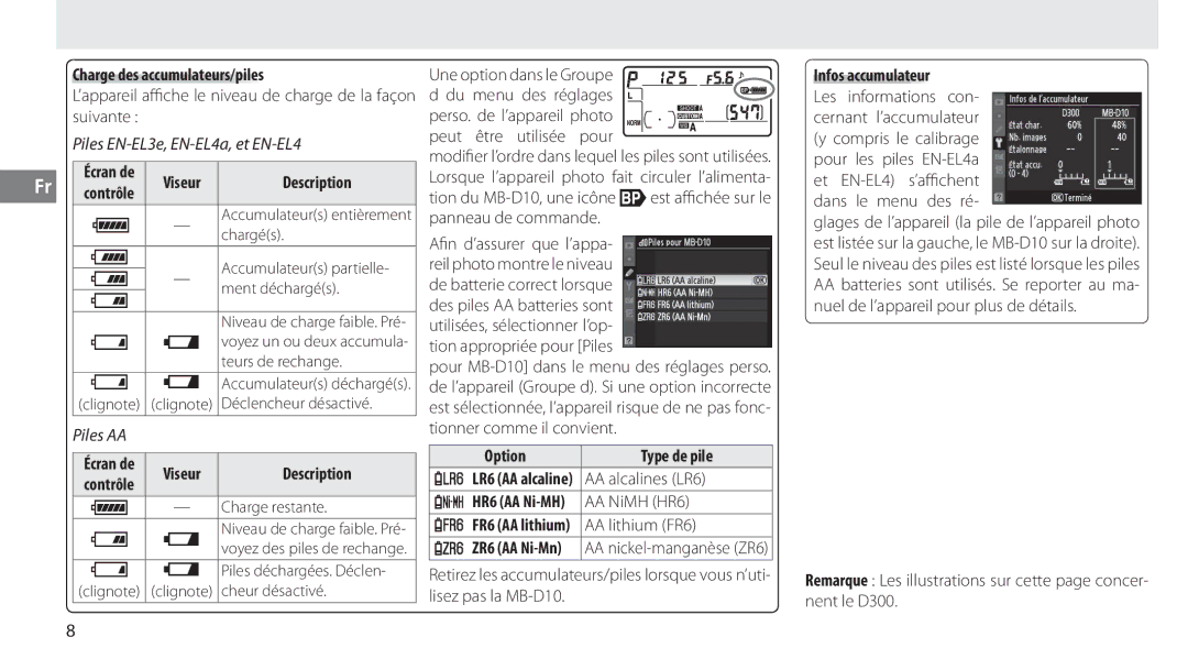 Nikon MB-D10 user manual Charge des accumulateurs/piles, Option, LR6 AA alcaline AA alcalines LR6 HR6 AA Ni-MH AA NiMH HR6 