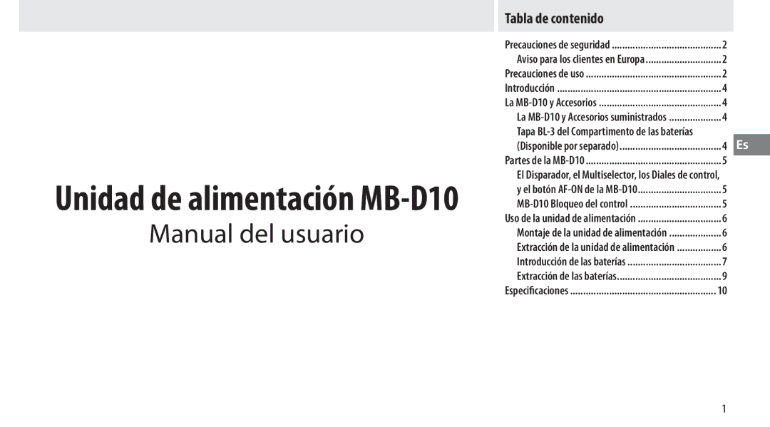 Nikon MB-D10 user manual Manual del usuario, Tabla de contenido 