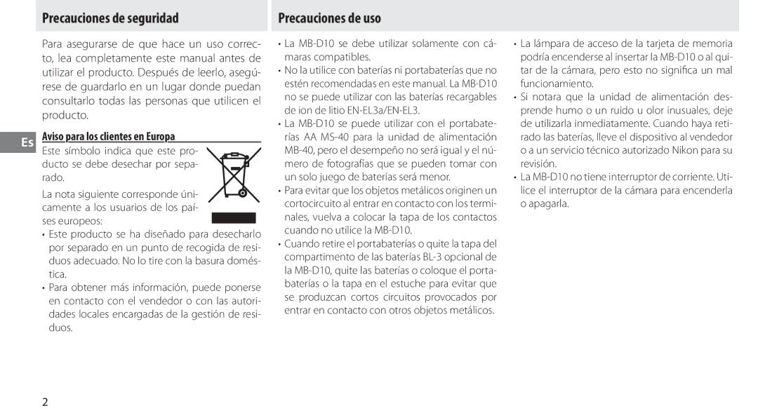 Nikon MB-D10 user manual Precauciones de seguridad, Precauciones de uso, Producto, Aviso para los clientes en Europa 