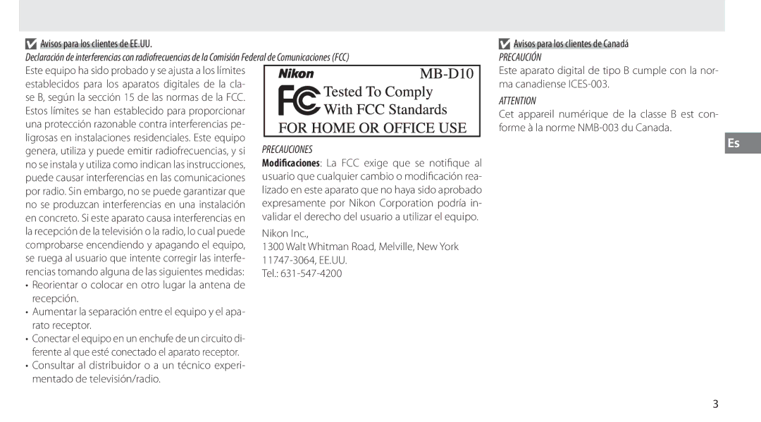 Nikon MB-D10 user manual Avisos para los clientes de EE.UU, Se B, según la sección 15 de las normas de la FCC 