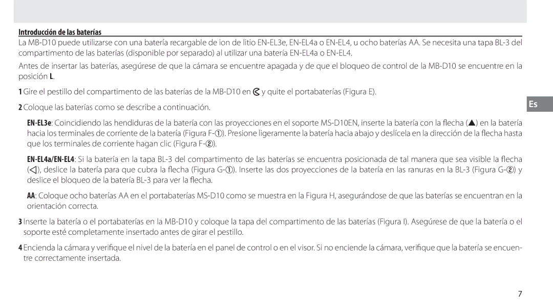 Nikon MB-D10 user manual Introducción de las baterías, Coloque las baterías como se describe a continuación 