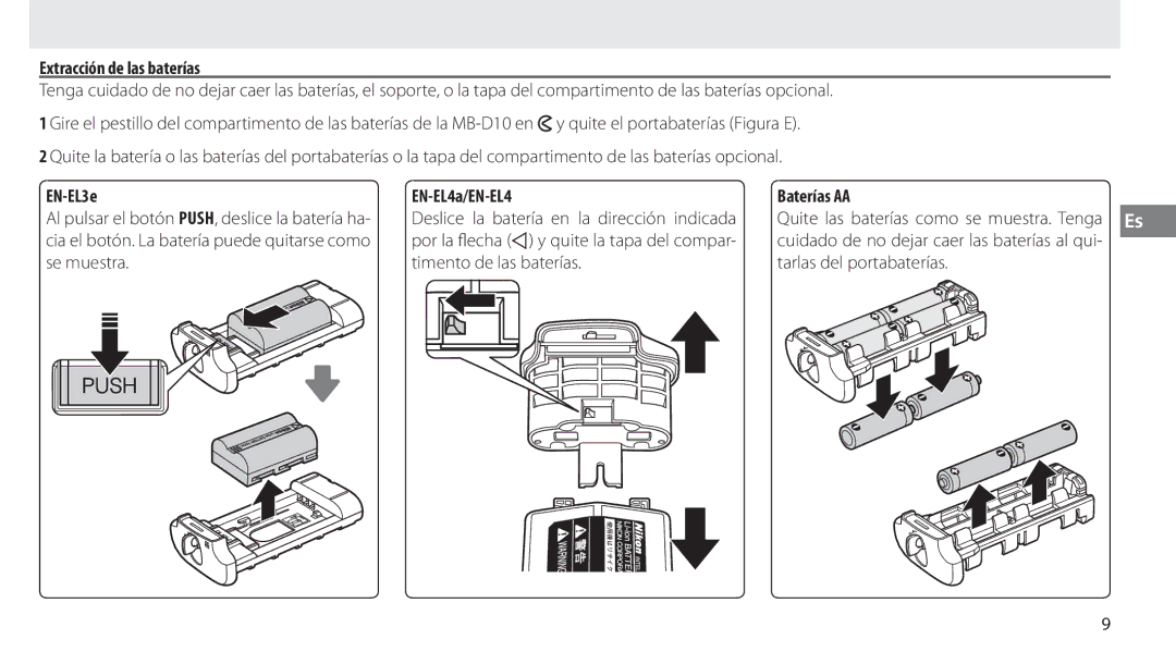 Nikon MB-D10 user manual Extracción de las baterías, Baterías AA 