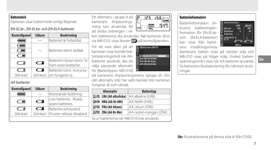 Nikon MB-D10 user manual Batterinivå, Beskrivning, Batteriet är fulladdat, Fram reservbatterier, Alternativ Batterityp 