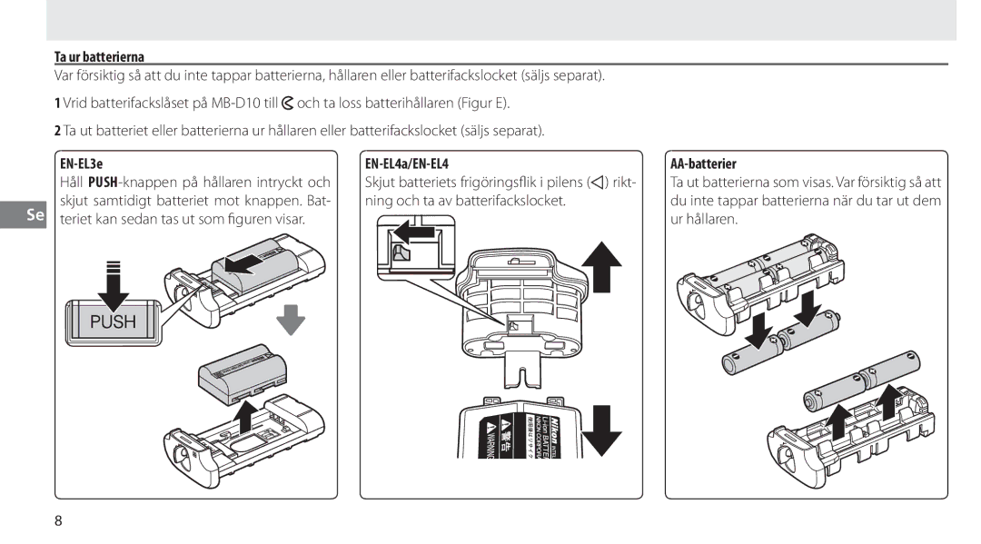 Nikon MB-D10 user manual Ta ur batterierna, Se teriet kan sedan tas ut som ﬁ guren visar, AA-batterier 