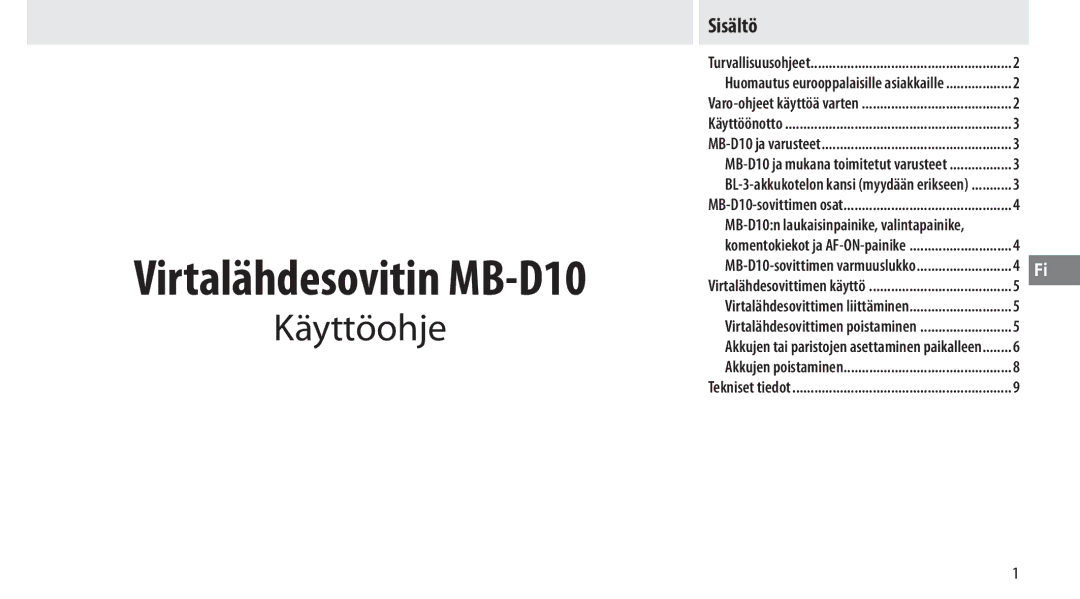 Nikon MB-D10 user manual Käyttöohje, Sisältö 