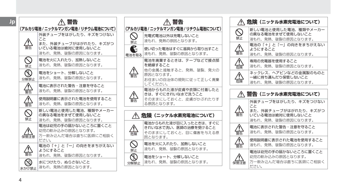 Nikon MB-D10 user manual 危険（ニッケル水素充電池について） 