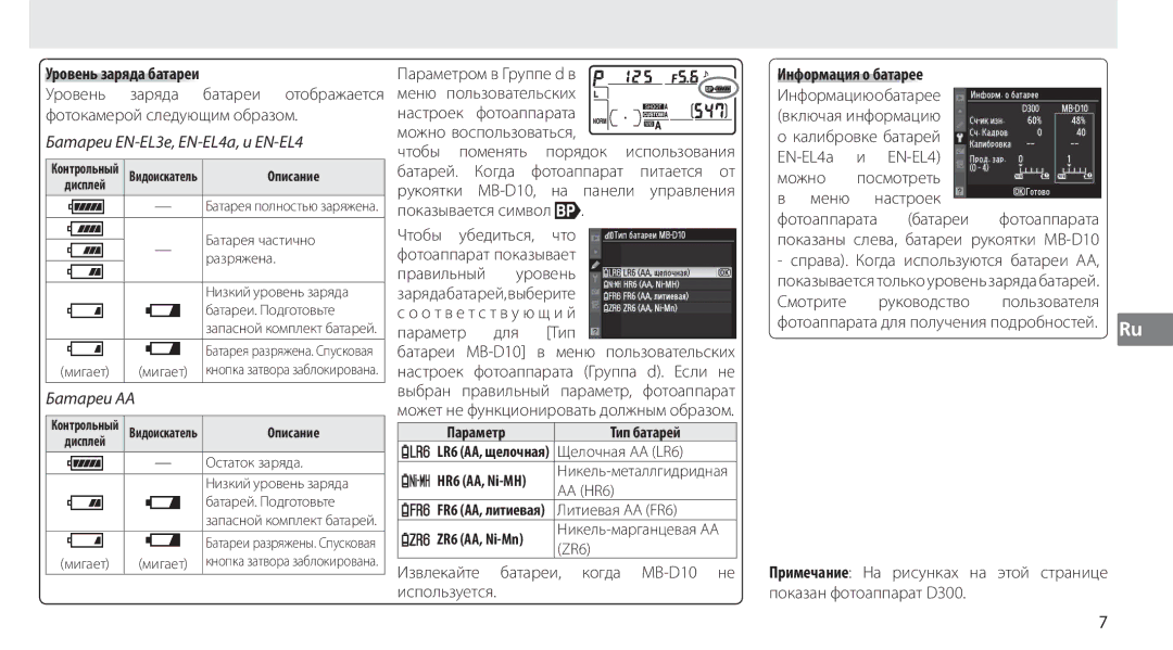 Nikon MB-D10 Параметром в Группе d в Уровень Заряда, Меню пользовательских Фотокамерой следующим образом, Чтобы Убедиться 