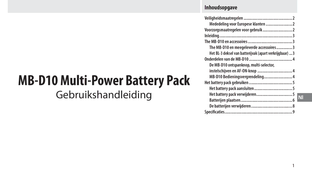 Nikon MB-D10 user manual Gebruikshandleiding, Inhoudsopgave, Het battery pack verwijderen 