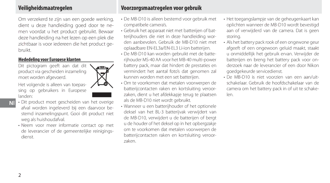 Nikon MB-D10 user manual Veiligheidsmaatregelen, Mededeling voor Europese klanten 