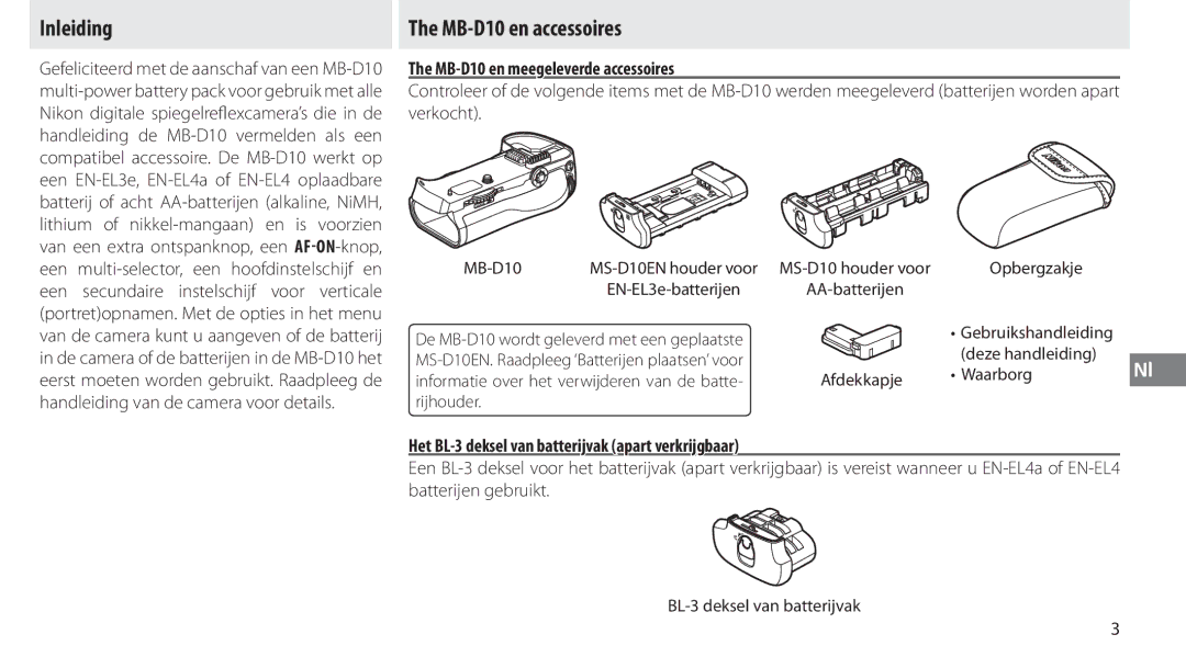 Nikon user manual Inleiding, MB-D10 en accessoires, MB-D10 en meegeleverde accessoires 