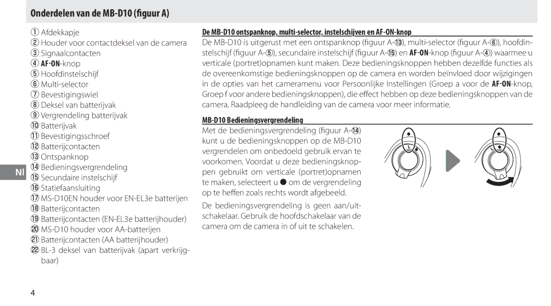 Nikon user manual Onderdelen van de MB-D10 ﬁguur a, Afdekkapje, @2 BL-3 deksel van batterijvak apart verkrijg- baar 