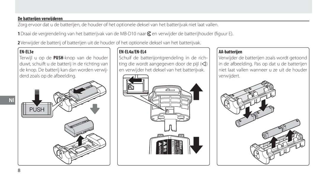 Nikon MB-D10 user manual De batterijen verwijderen, AA-batterijen 