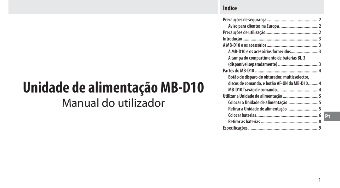 Nikon MB-D10 user manual Manual do utilizador, Índice 