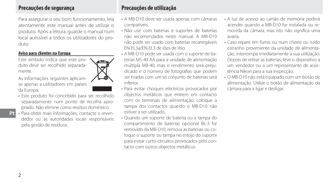 Nikon MB-D10 user manual Precauções de segurança, Precauções de utilização, Aviso para clientes na Europa 