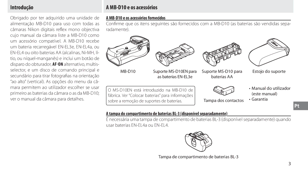 Nikon user manual Introdução, MB-D10 e os acessórios fornecidos 