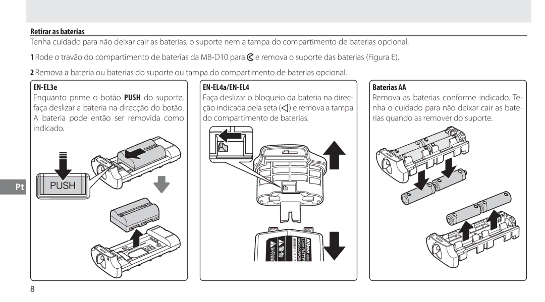 Nikon MB-D10 user manual Retirar as baterias, Baterias AA 