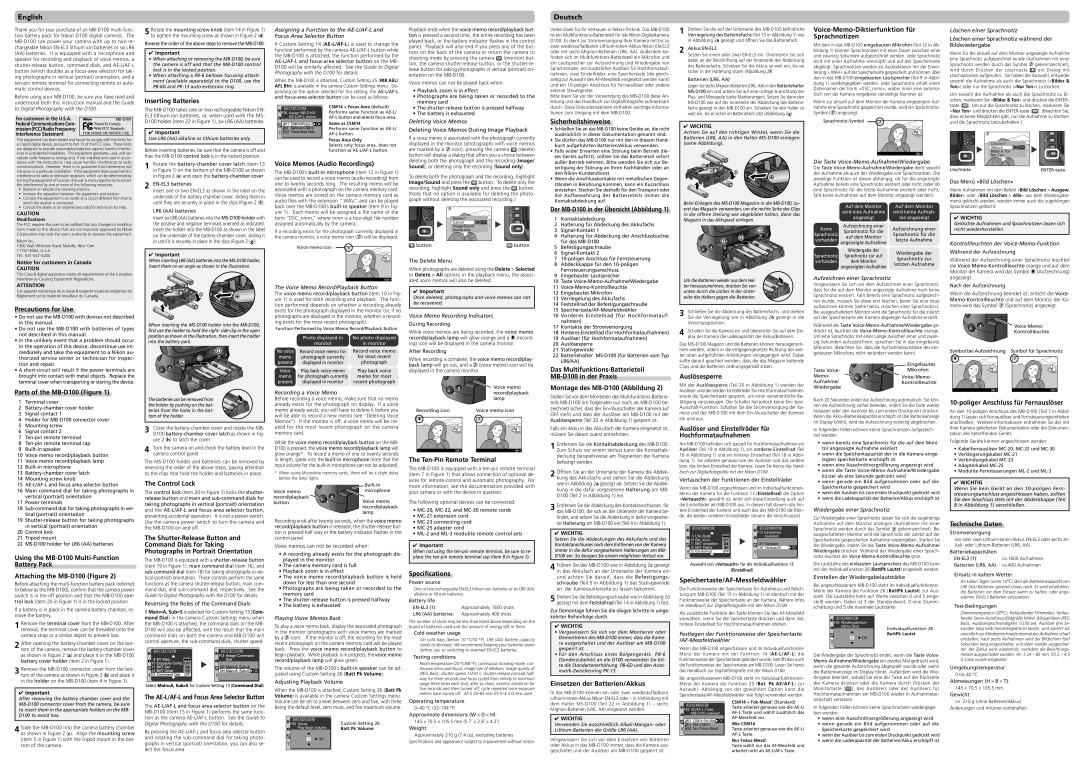 Nikon Precautions for Use, Parts of the MB-D100 Figure, Inserting Batteries, Control Lock, Voice Memos Audio Recordings 