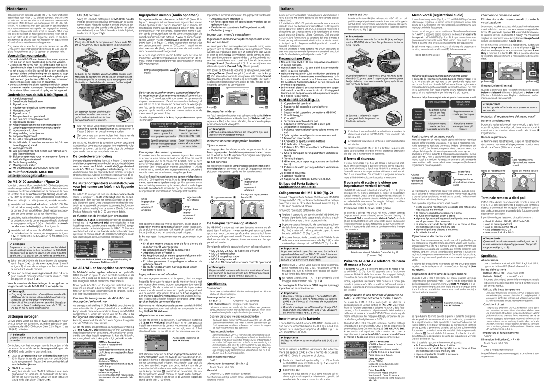 Nikon Voorschriften voor gebruik, Onderdelen van de MB-D100 Figuur, Ingesproken memo’s Audio opnamen, Specificaties 