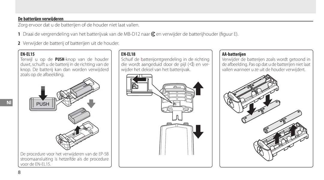 Nikon MB-D12 manual De batterijen verwijderen, AA-batterijen 