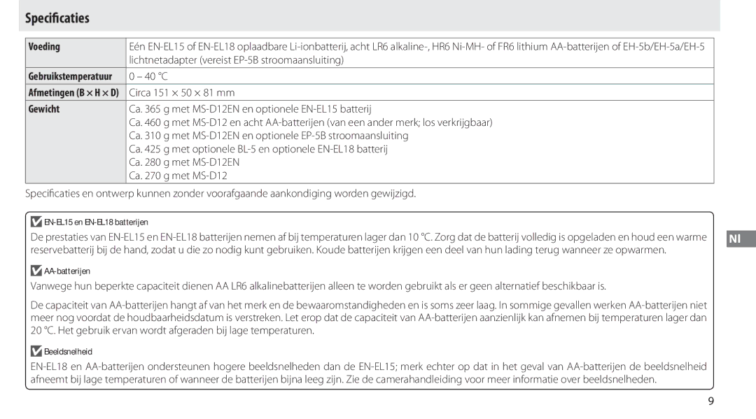 Nikon MB-D12 manual Speciﬁcaties, Voeding 