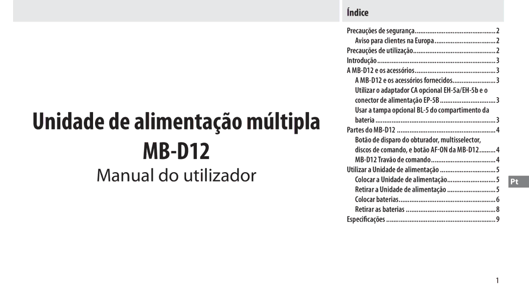 Nikon MB-D12 manual Manual do utilizador, Índice, Colocar a Unidade de alimentação 