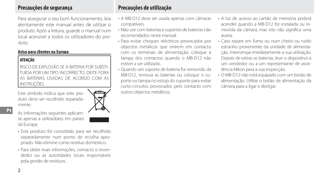 Nikon MB-D12 manual Precauções de segurança, Precauções de utilização, Aviso para clientes na Europa, Atenção 