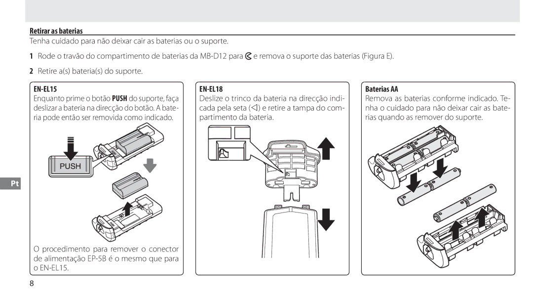 Nikon MB-D12 manual Retirar as baterias, Baterias AA 