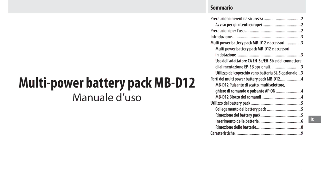 Nikon MB-D12 manual Manuale d’uso, Sommario 