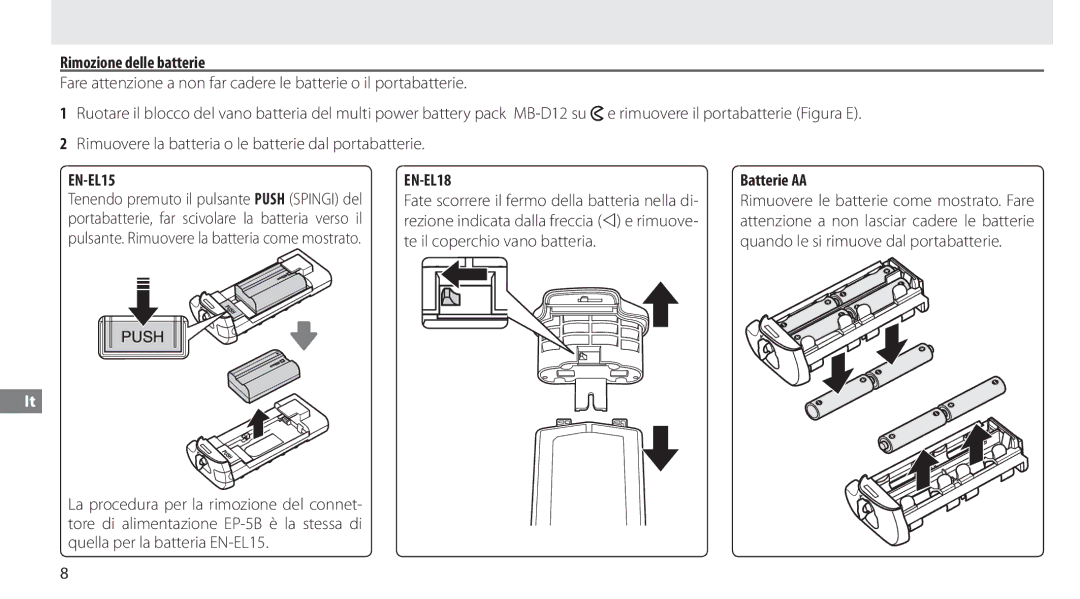 Nikon MB-D12 manual Rimozione delle batterie, Batterie AA 