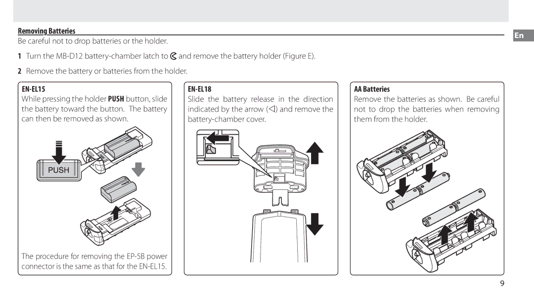 Nikon MB-D12 manual Removing Batteries, EN-EL15 EN-EL18 AA Batteries, Slide the battery release in the direction 