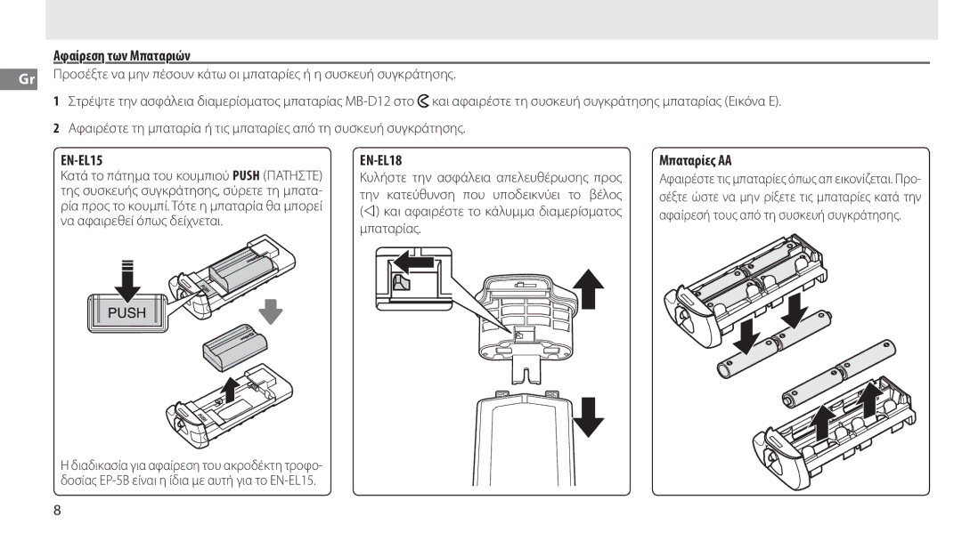 Nikon MB-D12 manual Αφαίρεση των Μπαταριών, Μπαταρίες ΑΑ 