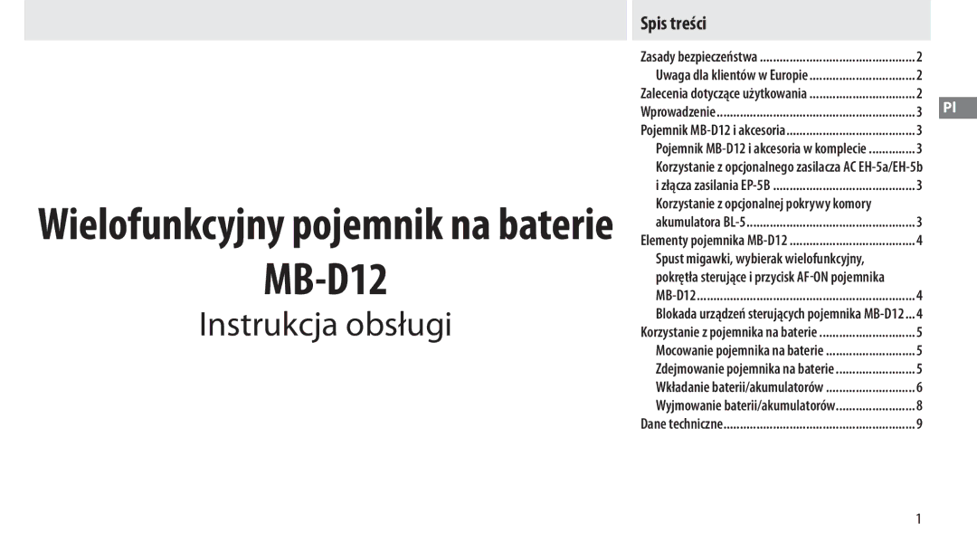 Nikon MB-D12 manual Instrukcja obsługi, Spis treści 