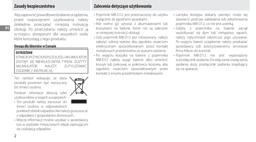 Nikon MB-D12 manual Zasady bezpieczeństwa, Które korzystają z tego produktu, Uwaga dla klientów w Europie, Ostrzeżenie 