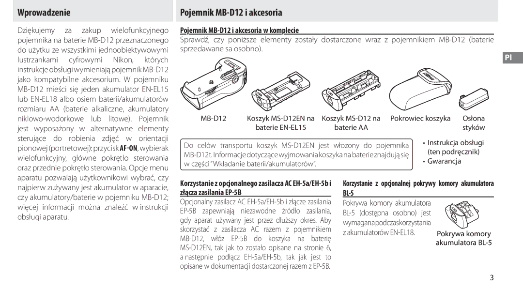 Nikon manual Wprowadzenie, Pojemnik MB-D12 i akcesoria w komplecie 